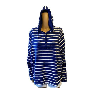 CJ Banks 1X Hoodie Sweater Jacket 1/4 Zip White Blue Striped Terry Cloth Comfort